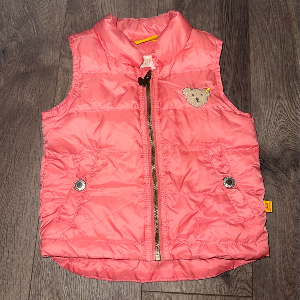 Coral Quilted Kids Puffer Vest with Bear Patch
